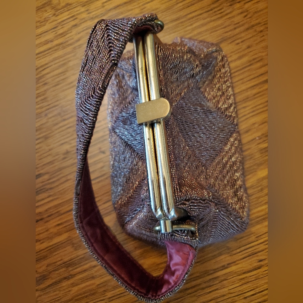 Beautiful Vintage browns & gold tweed type fabric handbag / Evening bag.